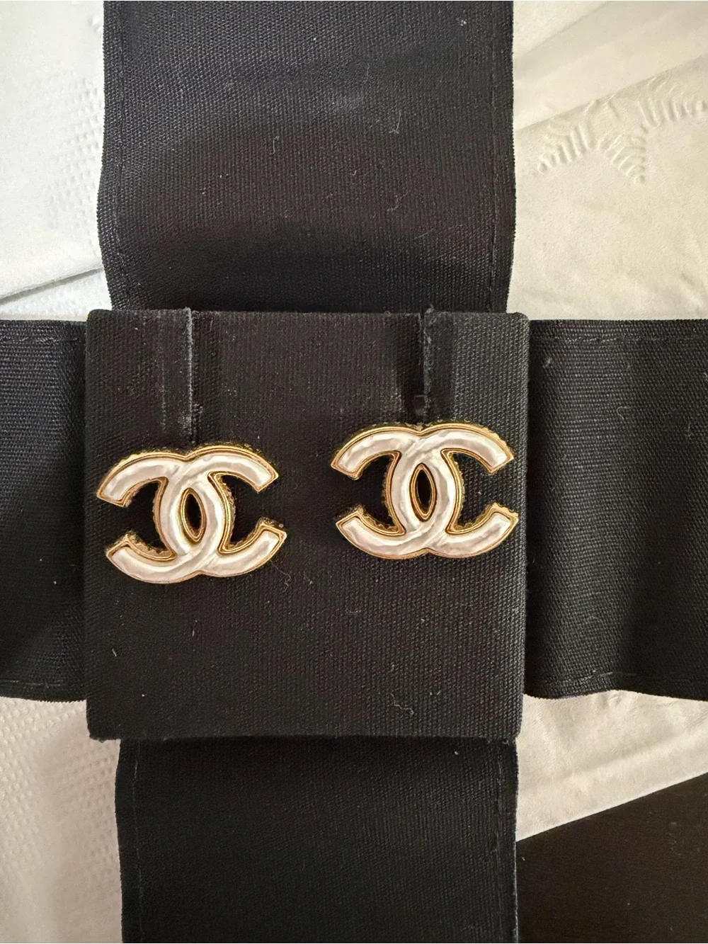 CHANEL Gold-Tone CC Logo Earrings with White Enamel Accents - Women Jewelry